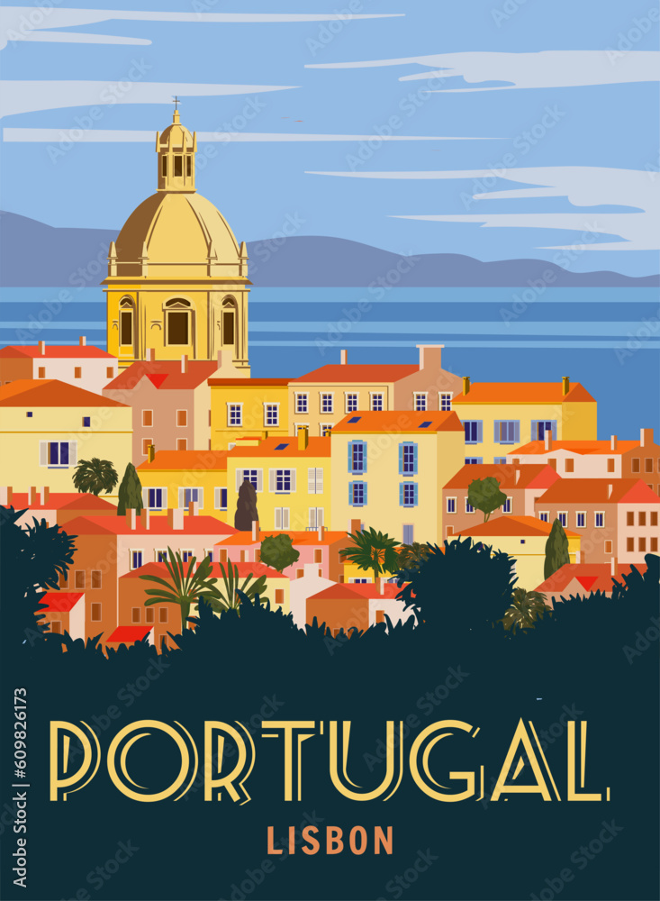 Travel Poster Poster Lisbon, Vintage. Portugal cityscape landmark, sea, sunset sky. Vector illustration