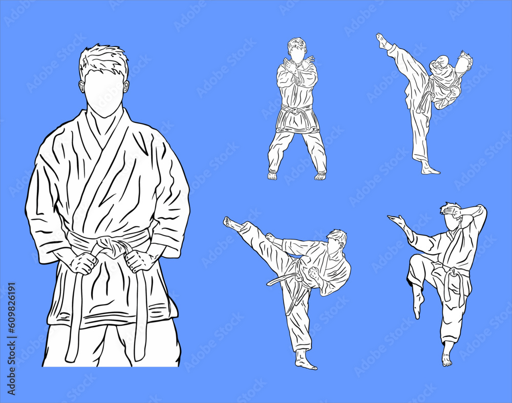Karate kick and poses of karate techniques. Martial arts. This vector