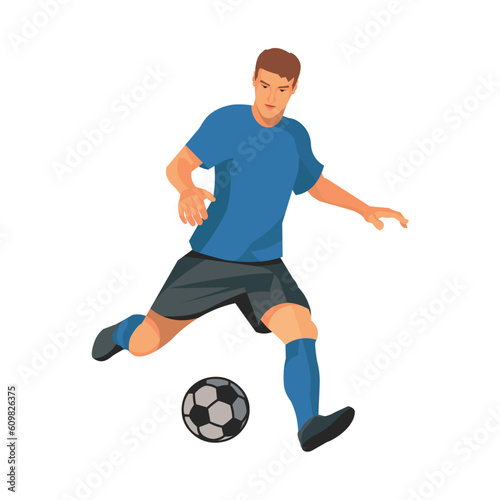 Vector isolated figure of a football player in blue uniform running and dribbling at the championship