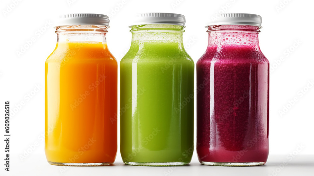 Fresh fruit smoothies in glass bottles, a vegetarian concept Fresh fruit smoothies in glass bottles, a vegetarian concept