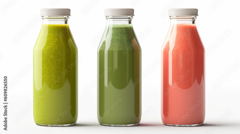 Fresh fruit smoothies in glass bottles, a vegetarian concept Fresh fruit smoothies in glass bottles, a vegetarian concept