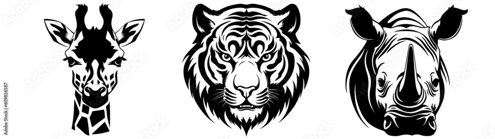 Africa Safari animals Set Collection Symbols Icons for logo - Black silhouette of head portrait, from the front, wild animals, giraffe, tiger and rhino, isolated on white background (Generative Ai) Africa Safari animals Set Collection Symbols Icons for logo - Black silhouette of head portrait, from the front, wild animals, giraffe, tiger and rhino, isolated on white background (Generative Ai)