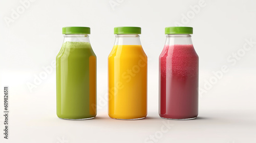 Fresh fruit smoothies in glass bottles, a vegetarian concept