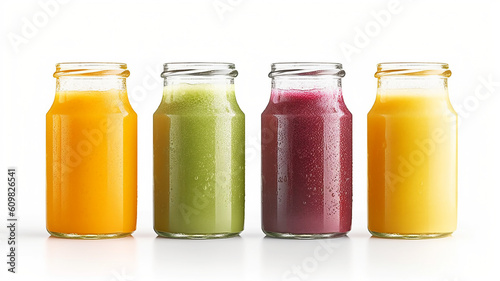 Fresh fruit smoothies in glass bottles, a vegetarian concept