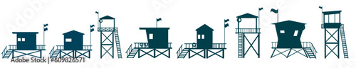 Collection of Lifeguard Tower icons. Station beach building