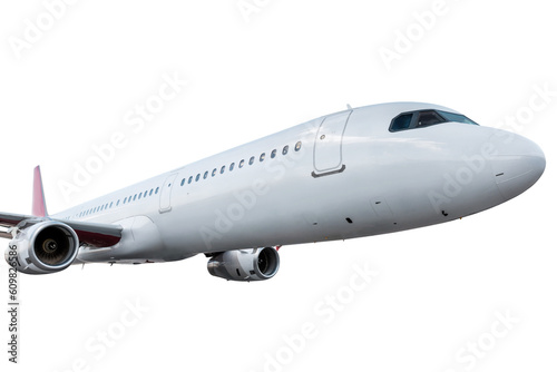 Close-up passenger jetliner fly isolated on transparent background