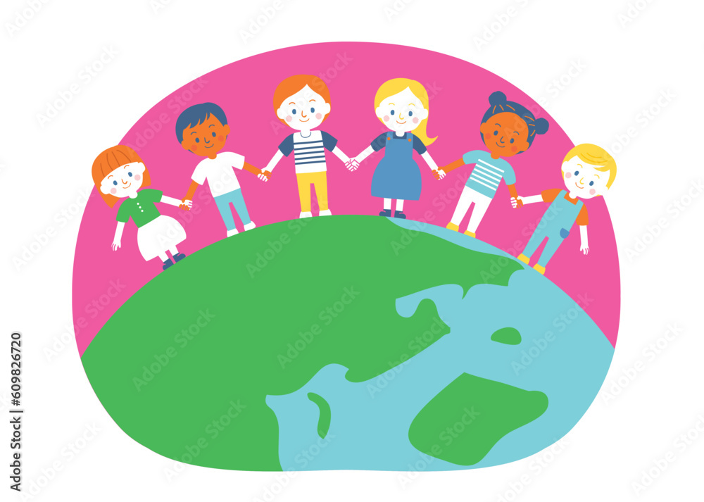 Obraz premium 地球の上で手をつなぐ子どもたち SDGs10 人や国の不平等をなくそう.