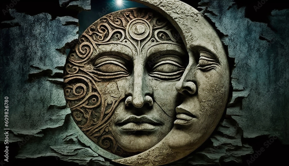 Ancient moon face art, Generative AI