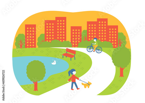 公園を散歩する人と町並み　SDGs11 住み続けられるまちづくりを