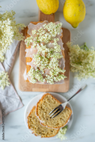 Healthy sweet home made elderflower sponge cake on a table