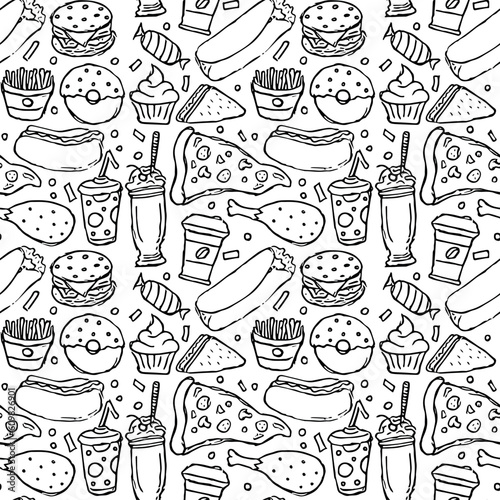 Seamless fast food pattern. fast food background. Doodle fastfood icons. Drawn food pattern