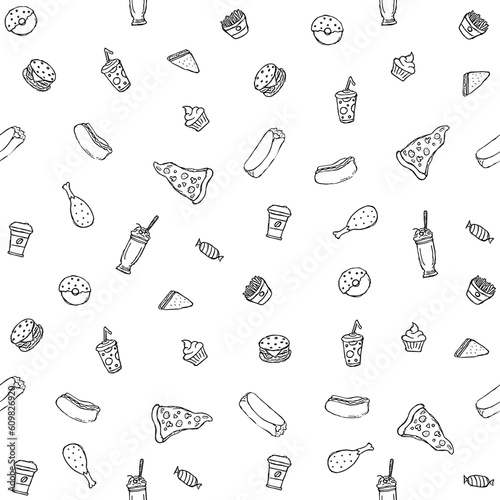 Seamless fast food pattern. fast food background. Doodle fastfood icons. Drawn food pattern