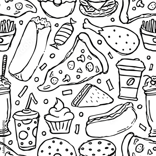 Seamless fast food pattern. fast food background. Doodle fastfood icons. Drawn food pattern