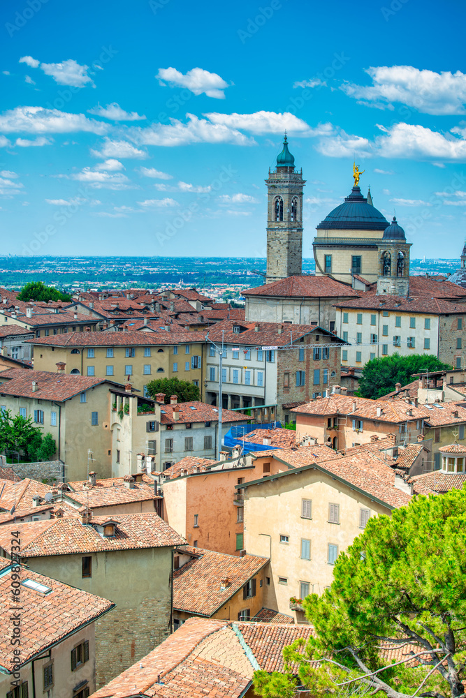 Medieval streets and buildings of Bergamo Alta on a sunny summer day, Italy