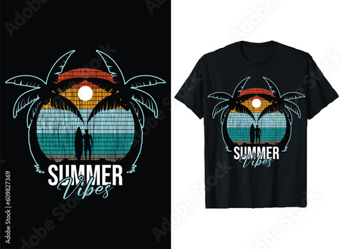 Summer T-shirt Design Graphic, Beach sunset t-shirt vector. retro summer t shirt template.