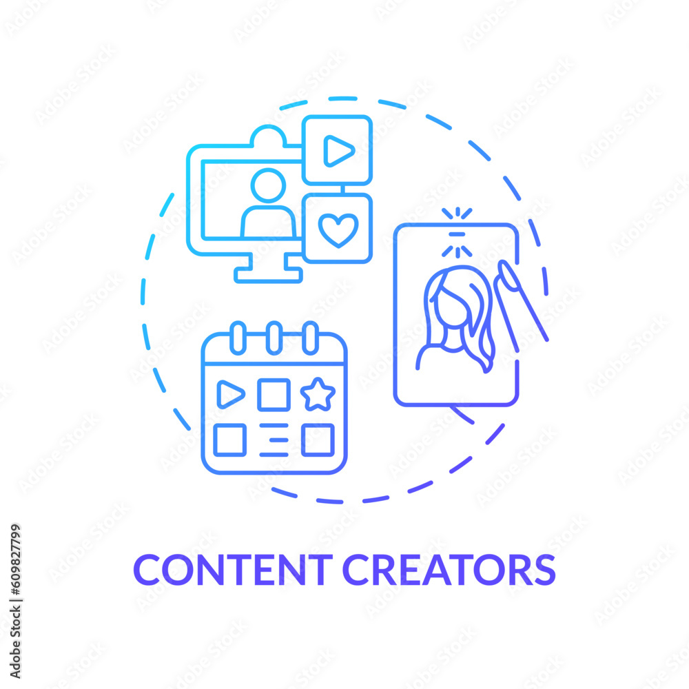 Content creators blue gradient concept icon. Internet blog. Influencer marketing. Social media. Editorial calendar. Publish online abstract idea thin line illustration. Isolated outline drawing