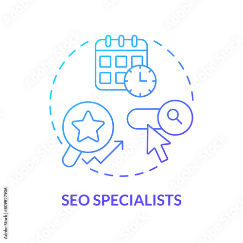 Seo specialists blue gradient concept icon. Website ranking. Search engine optimization. Content strategy. Digital marketing abstract idea thin line illustration. Isolated outline drawing