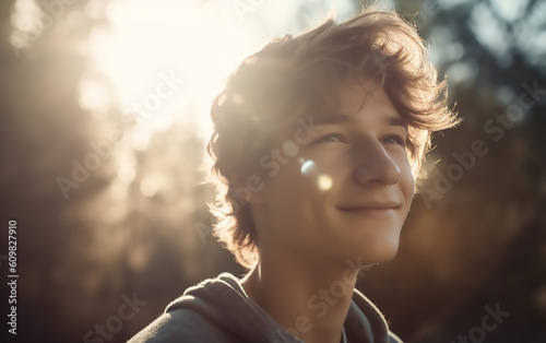 Portrait of a happy young man. Generative AI technology.