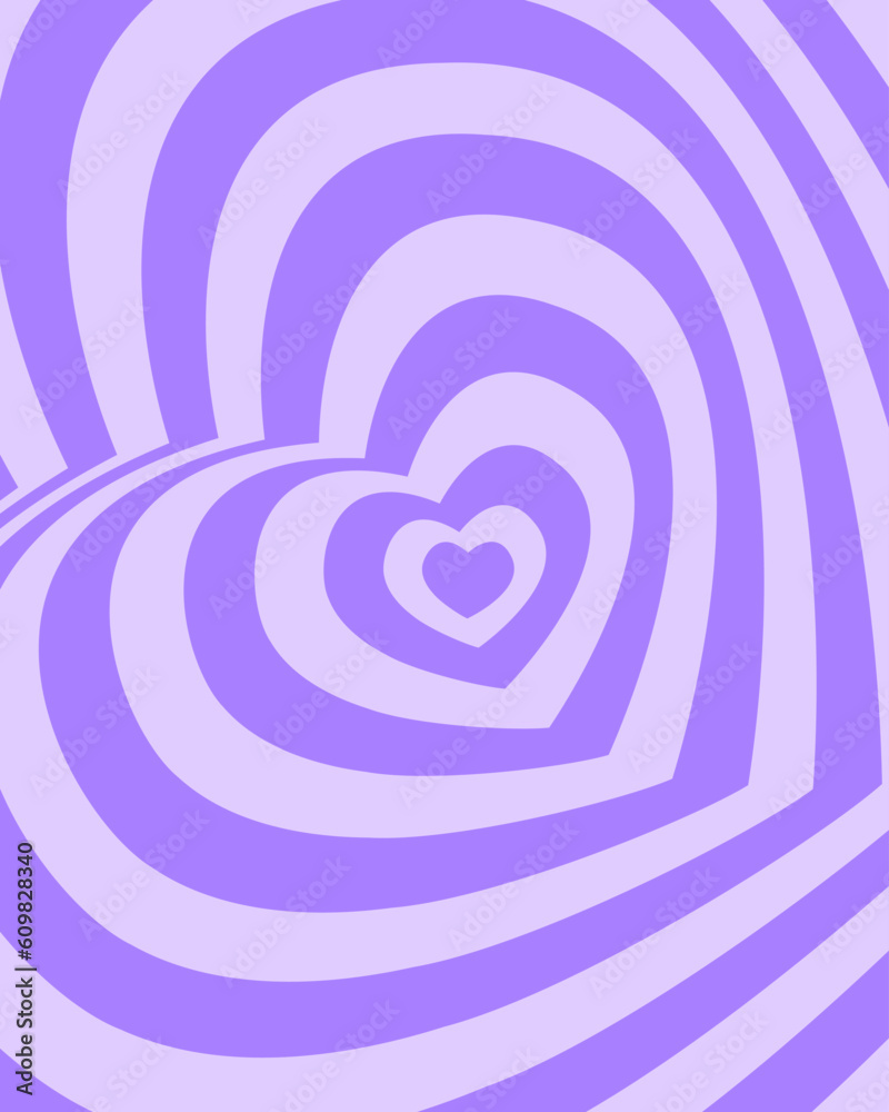 Poster with purple repeating rotating hearts in trendy retro 2000s design. Groovy psychedelic pattern in girly y2k style. Cute flat vector illustration in pastel colors. Poster with purple repeating rotating hearts in trendy retro 2000s design. Groovy psychedelic pattern in girly y2k style. Cute flat vector illustration in pastel colors.