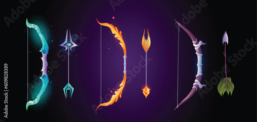 Magic bow with arrow weapon 3d fantasy game gui icon vector isolated design. Cartoon medieval war clipart with wooden and metal decoration for archer magical fairytale shop. Ui interface equipment