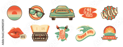 Retro travel sticker badge design for camp vector illustration. Vintage hippie car journey vacation adventure. Groovy comic quote about book lover, summer good vibes with glasses and kiss for print