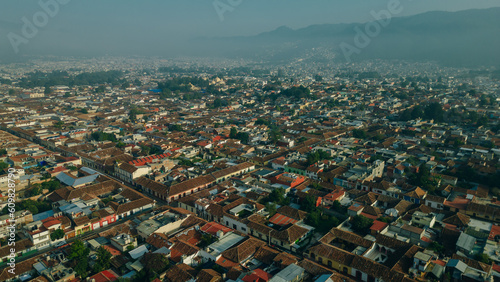 Beautiful aerial view of the rooftops of the old colonial buildings in the city of san cristobal de las Casas on the sunset