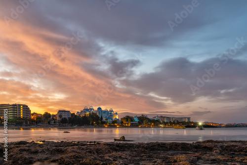Picturesque morning sky over tourist hotels in the vicinity of the Turkish city of Alanya on the Mediterranean coast