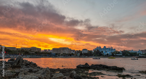 Picturesque morning sky over tourist hotels in the vicinity of the Turkish city of Alanya on the Mediterranean coast