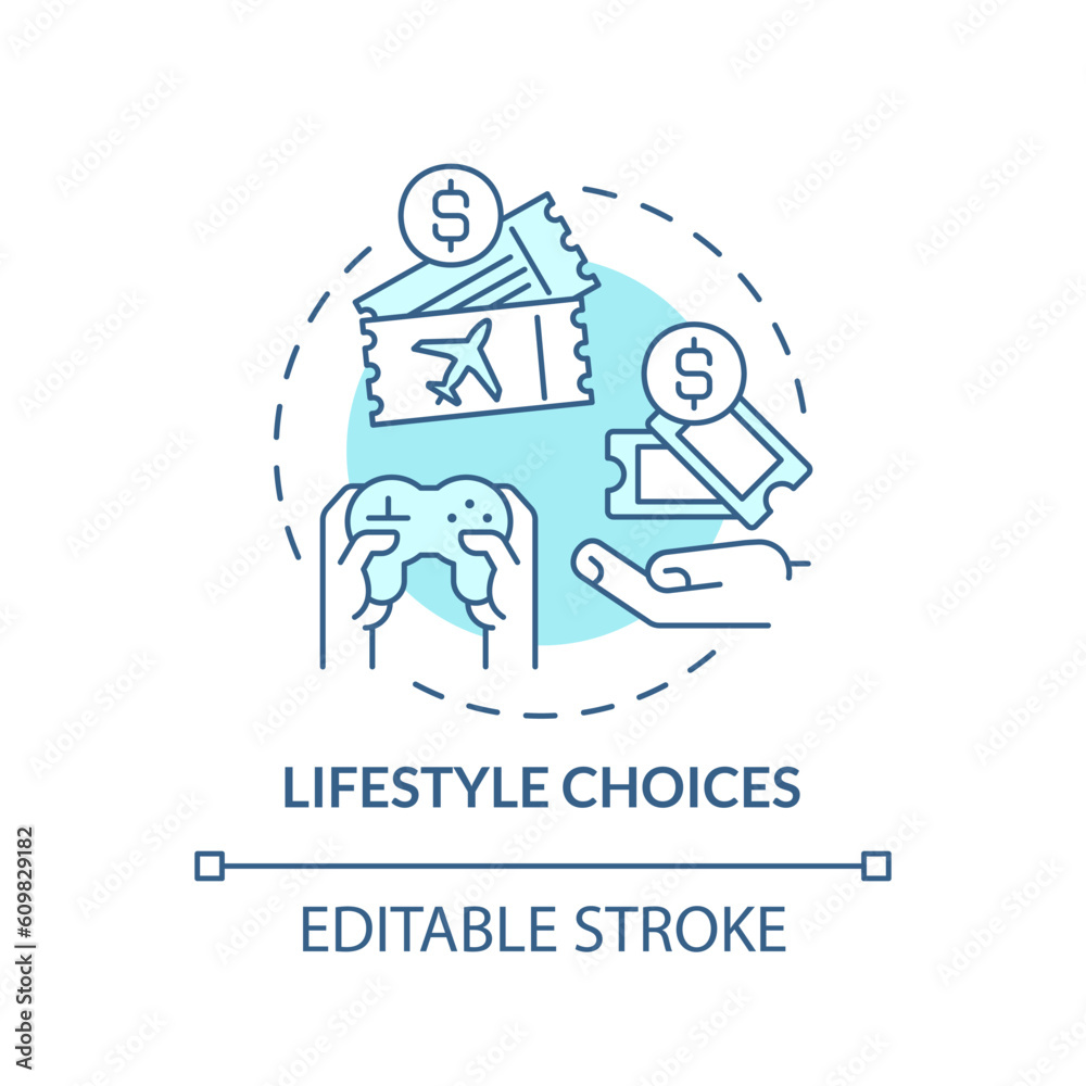 Lifestyle choices turquoise concept icon. Leisure activity. Travel cost. Spending money. Personal budget abstract idea thin line illustration. Isolated outline drawing. Editable stroke