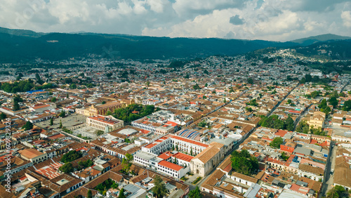 Beautiful aerial view of the rooftops of the old colonial buildings in the city of san cristobal de las Casas on the sunset