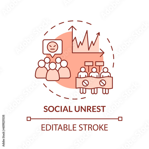 Social unrest red concept icon. Economic inequality. Civil disobedience. Political corruption. Global crisis. Wealth gap abstract idea thin line illustration. Isolated outline drawing. Editable stroke