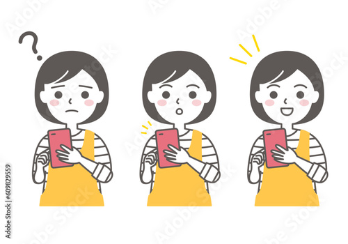 スマホを操作する主婦の表情セット