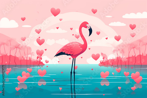 Pink flamingo surrounded by hearts symbolizes love and passion. Generative AI