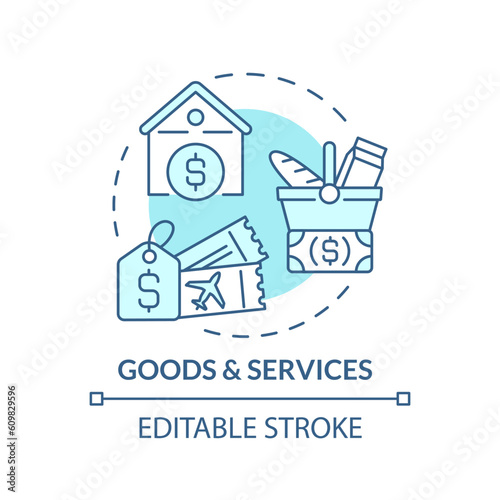 Fototapeta Naklejka Na Ścianę i Meble -  Goods and services turquoise concept icon. Basic need. Standard of living. Family finance. Price index. Household budget abstract idea thin line illustration. Isolated outline drawing. Editable stroke