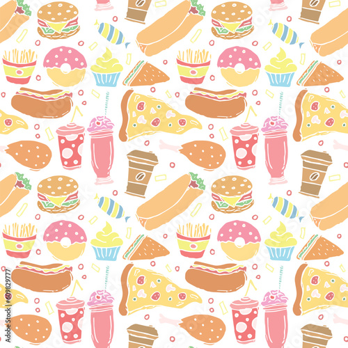 Seamless fast food pattern. fast food background. Doodle fastfood icons. Drawn food pattern