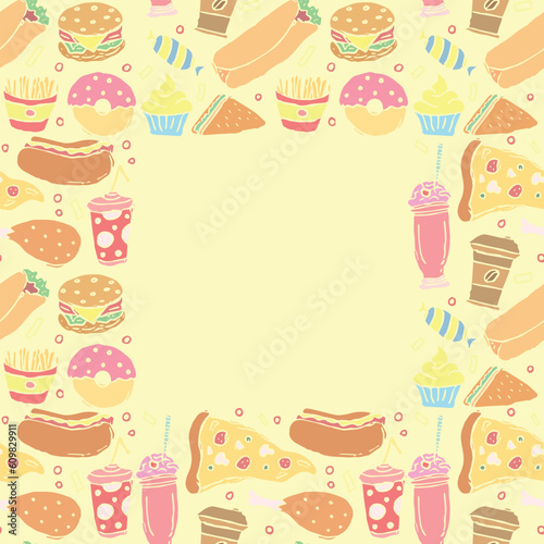 fast food background with place for text. Doodle fastfood icons. Drawn food illustration