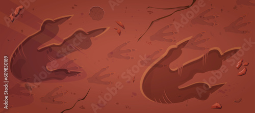 Dig fossil dinosaur footprint trace vector cartoon. Archeology jurassic foot print silhouette illustration. Paleontology ancient detailed animal impression or stamp texture for prehistory museum.