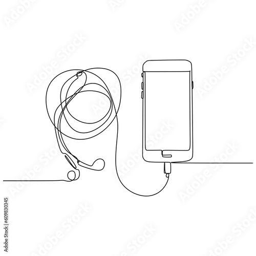 one line drawing continuous design of hand phone and headset isolated on white background.