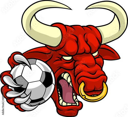 A bull or Minotaur monster longhorn cow angry mean soccer football mascot cartoon character.