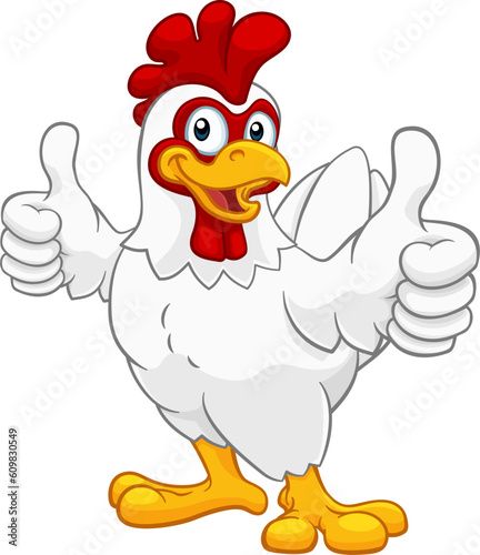 A chicken cartoon rooster cockerel character mascot giving a thumbs up.