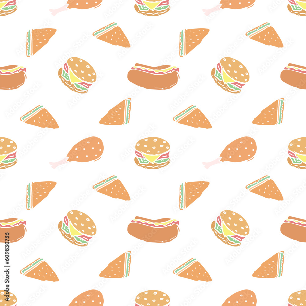 Seamless fast food pattern. fast food background. Doodle fastfood icons. Drawn food pattern