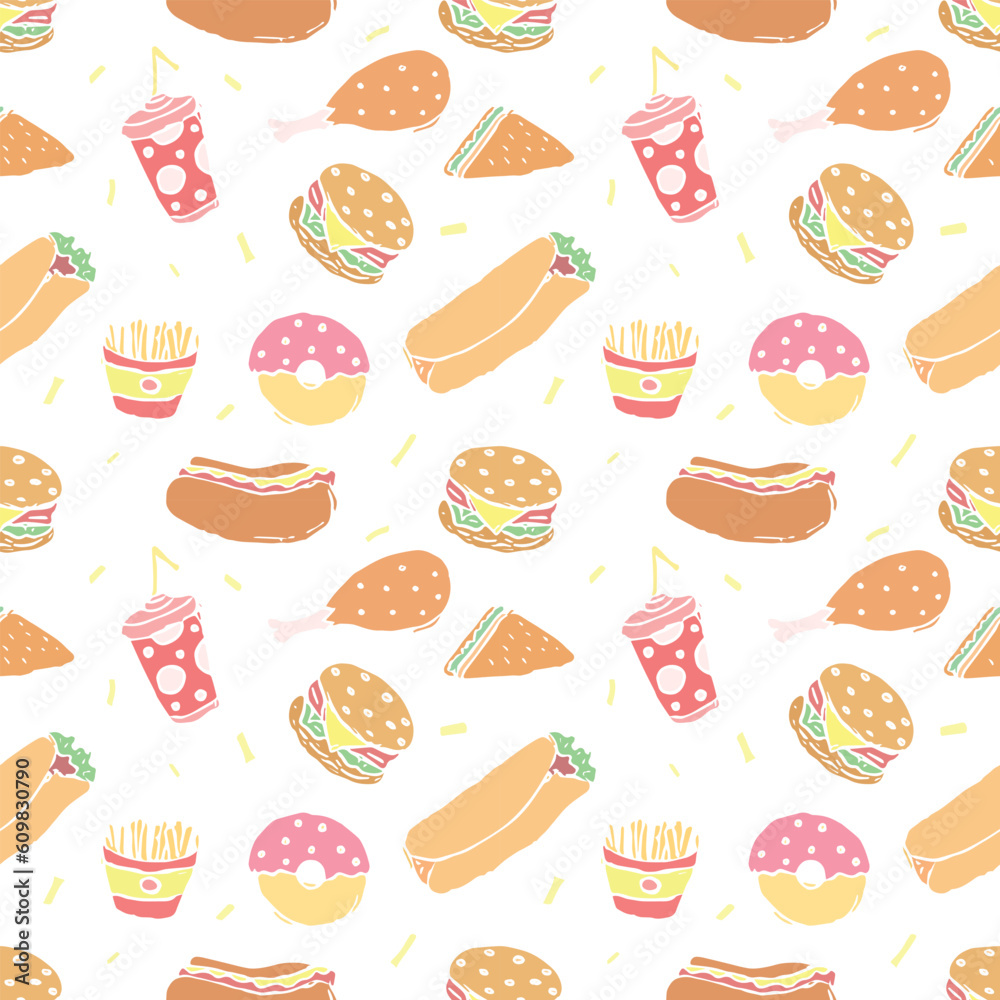 Seamless fast food pattern. fast food background. Doodle fastfood icons. Drawn food pattern