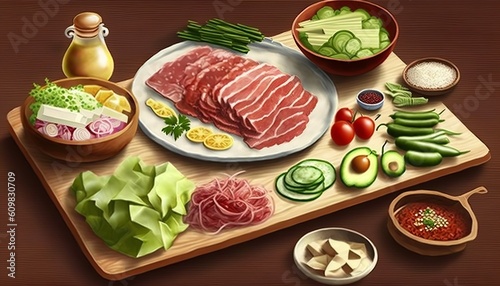 meat dish with salad, ingredients listed individually on a menu or cool decoration for a restaurant