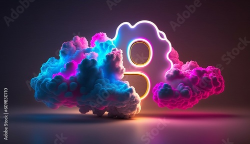 3d render neon linear number nine and colorful cloud generative Ai