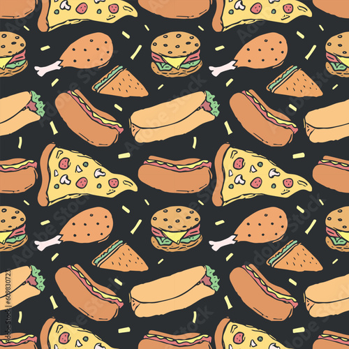 Seamless fast food pattern. fast food background. Doodle fastfood icons. Drawn food pattern