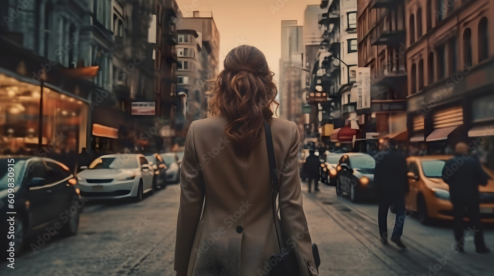 大都市を歩く後ろ姿の女性の姿