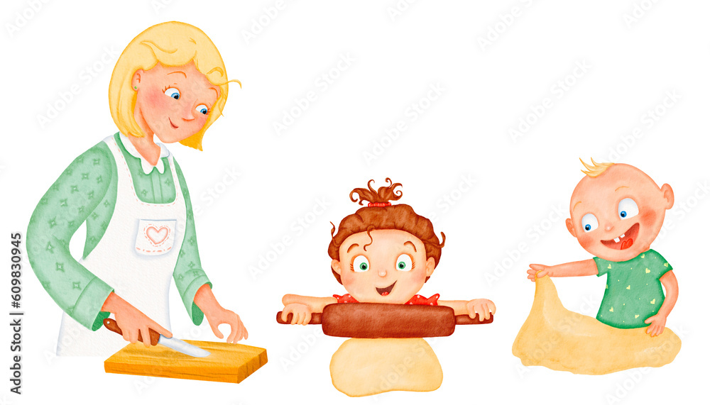 Funny family at home. Mom and kids are cooking. Mom is cutting vegetables in an apron, the kids are happily messing with the dough. Girl and boy love to spend time with mom. Watercolor digital set
