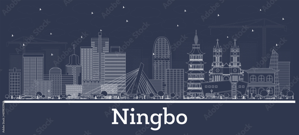 Outline Ningbo China City Skyline with White Buildings. Ningbo Cityscape with Landmarks.