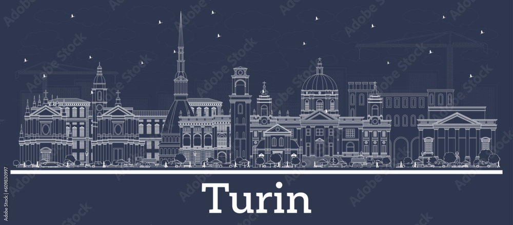 Outline Turin Italy City Skyline with White Buildings. Turin Cityscape with Landmarks.