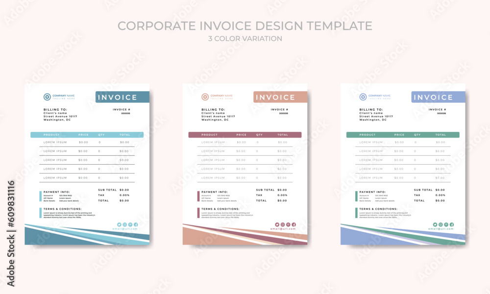 Corporate clean invoice template vector design with 3 color theme variation. Corporate clean invoice template vector design with 3 color theme variation.